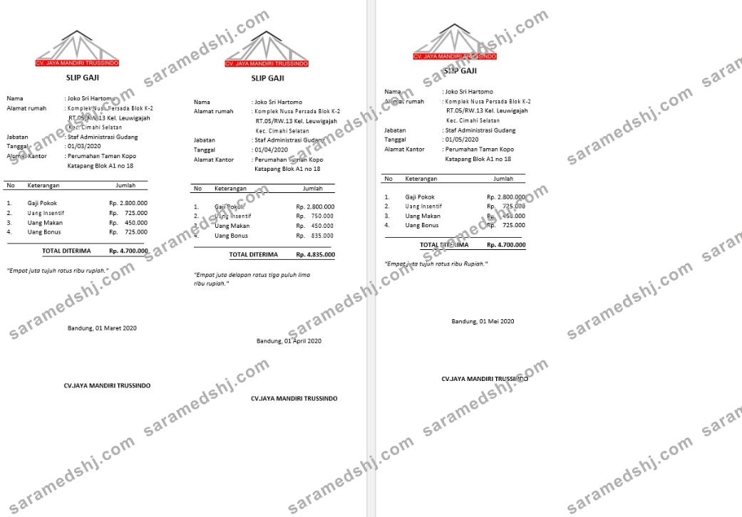 CV. Jaya Mandiri Trussindo building materials store payslip (in Indonesian language) template in Word and PDF formats